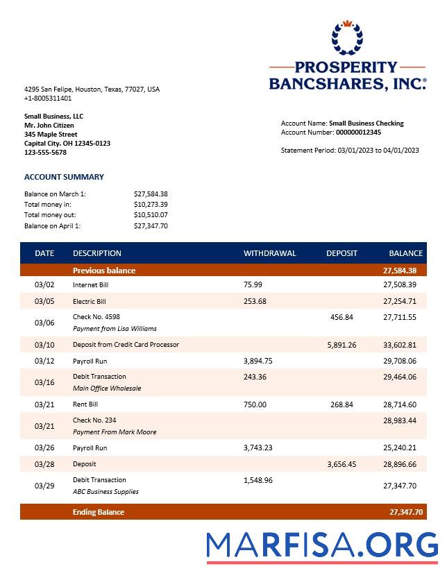 Printable Prosperity Bancshares Inc company checking account statement Word and PDF template